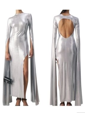 Norma Kamali Maxi Dress Gown Cape Drape Flowy Sleeves Metallic Side Slit M NWT